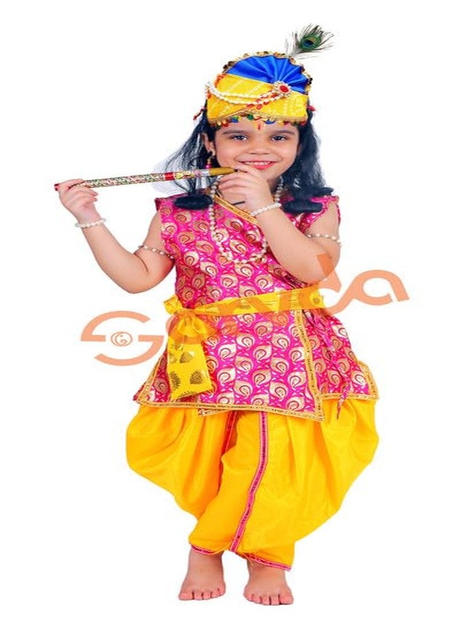 Sarvda Brocade Shree Krishna Dress For Baby Boy & Radha Dress For Girls | Janamashtami Dress | Fancy Dress Costume With Accessories Dhoti, Dupatta, Mukut Flute Complete Set, Ethnic Wear - Image 3